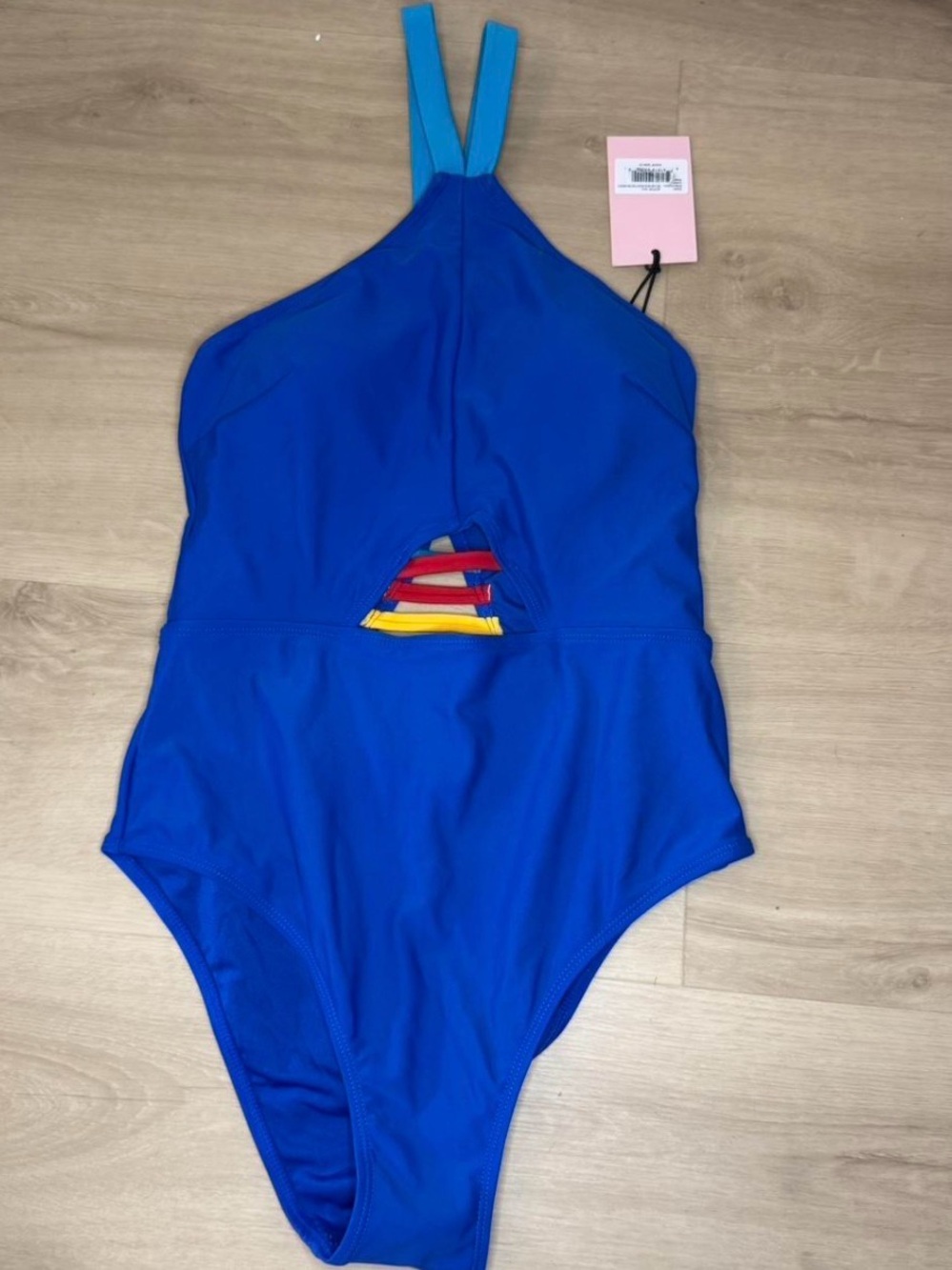 Juicy Couture Bright Blue One-Piece Swimsuit with Rainbow Ladder Detail